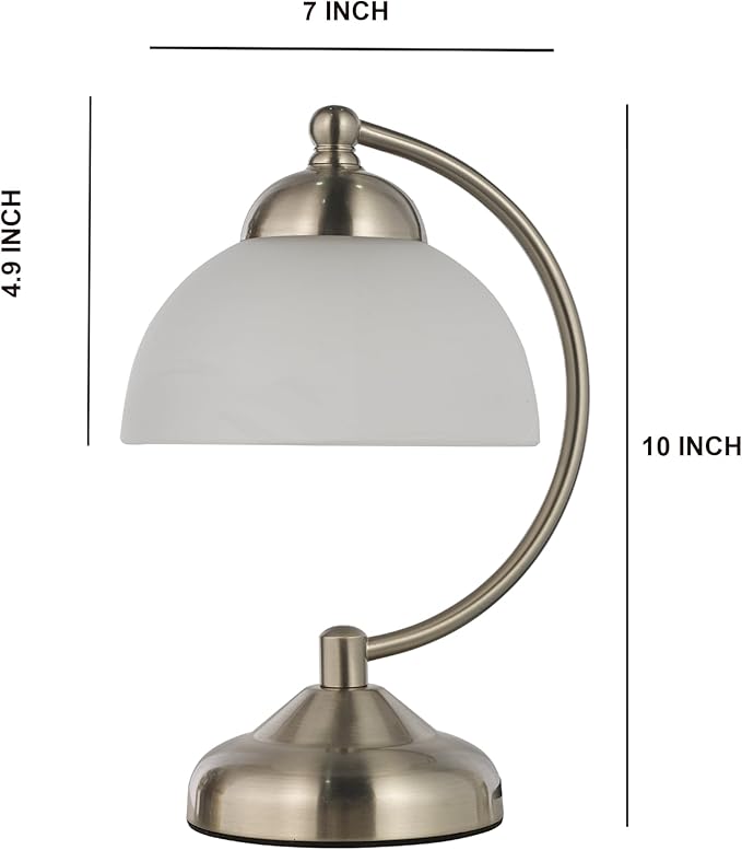 Small Modern Touch Glass Bedside Table Lamp, 7 x 7 x 10 Inch Brushed Nickel Metalwork Base Table Lamp for Bedrooms and Office (White Frosted Glass Shade)