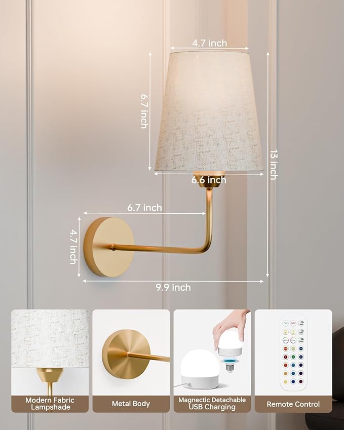 KINDEEP Wall Sconce Set of 2 Battery Operated, Rechargeable Wireless Dimmable Wall Light with RGB, Flash Mode, Remote Timer