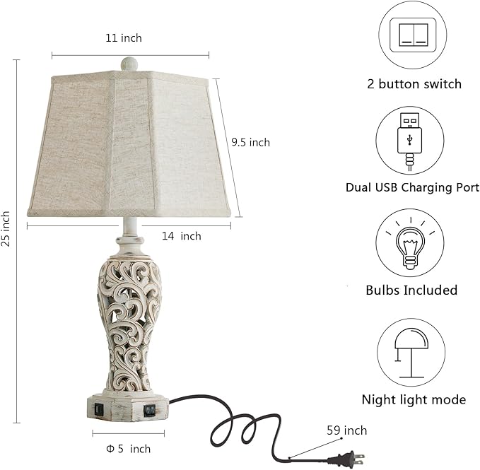 Set of 2 Rustic Table Lamps for Living Room Bedroom, Farmhouse Vintage Nightstand Lamp with 2 USB Ports, Hollow Out Resin Lamp for End Table with Nightlight, Bulbs Included (Wash White)