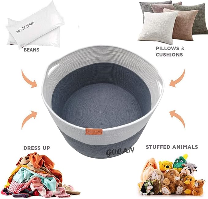 Extra Large Laundry Basket toy storage 22"X22"X14" blanket basket Cotton Rope Woven Baskets with Handles for Living Room (Grey/Beige) XXXL