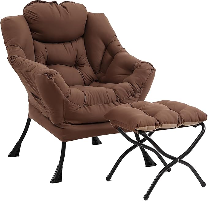Lazy Chair with Ottoman, Modern Chair with Folding Footrest, Lounge Accent Chair, Comfortable Reading Chair (Dark Brown)