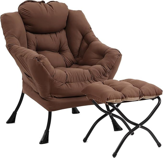 Lazy Chair with Ottoman, Modern Chair with Folding Footrest, Lounge Accent Chair, Comfortable Reading Chair (Dark Brown)