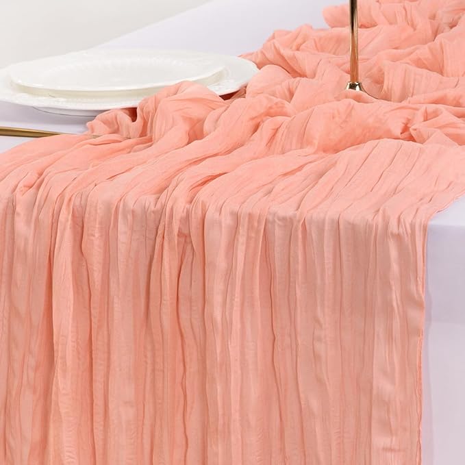 Socomi 6pcs Coral Peach Fall Thanksgiving Cheesecloth Table Runner Boho Rustic Gauze 120 inch 10FT Cheese Cloth Runner for Wedding Party Baby Shower Birthday Home Decor Holiday Decorations
