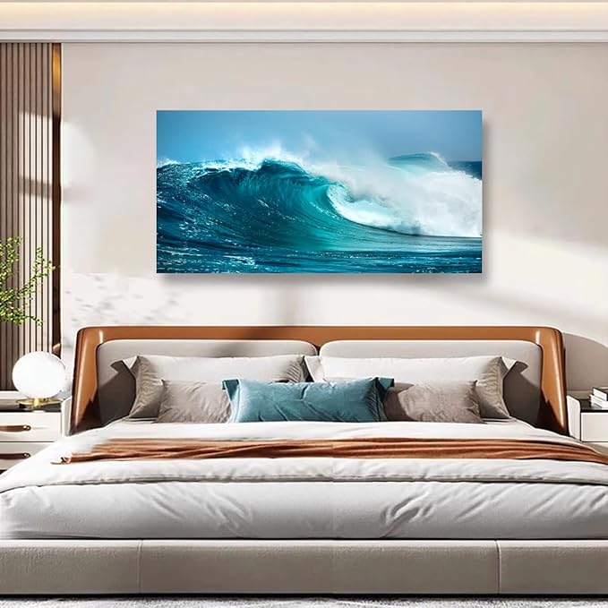 Sea Waves Wall Art for Living Room Bedroom Office Paintings Large Blue Beach Wall Art Pictures Artwork Nature Ocean Canvas Wall Art Prints Framed Room Wall Decor 20 * 40inch