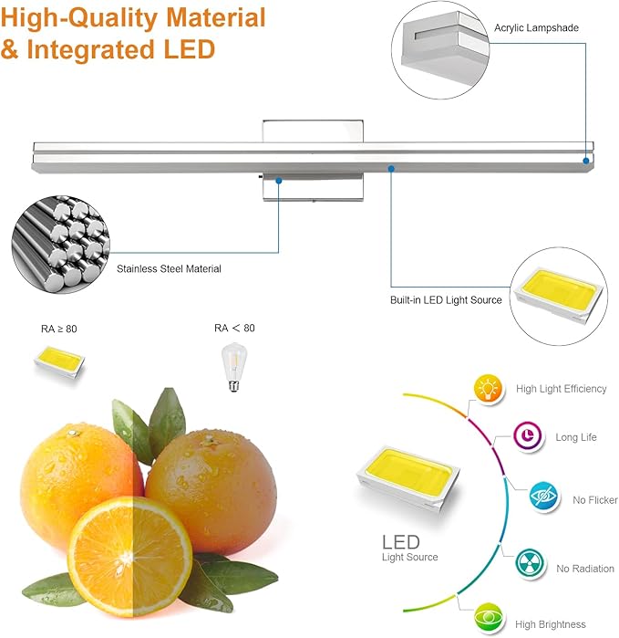 SineRise LED Modern Bathroom Vanity Light Bar (32-Inch, 3000K/4000K/6000K), Chrome Dimmable Modern Acrylic Bathroom Wall Lighting Fixtures Over Mirror
