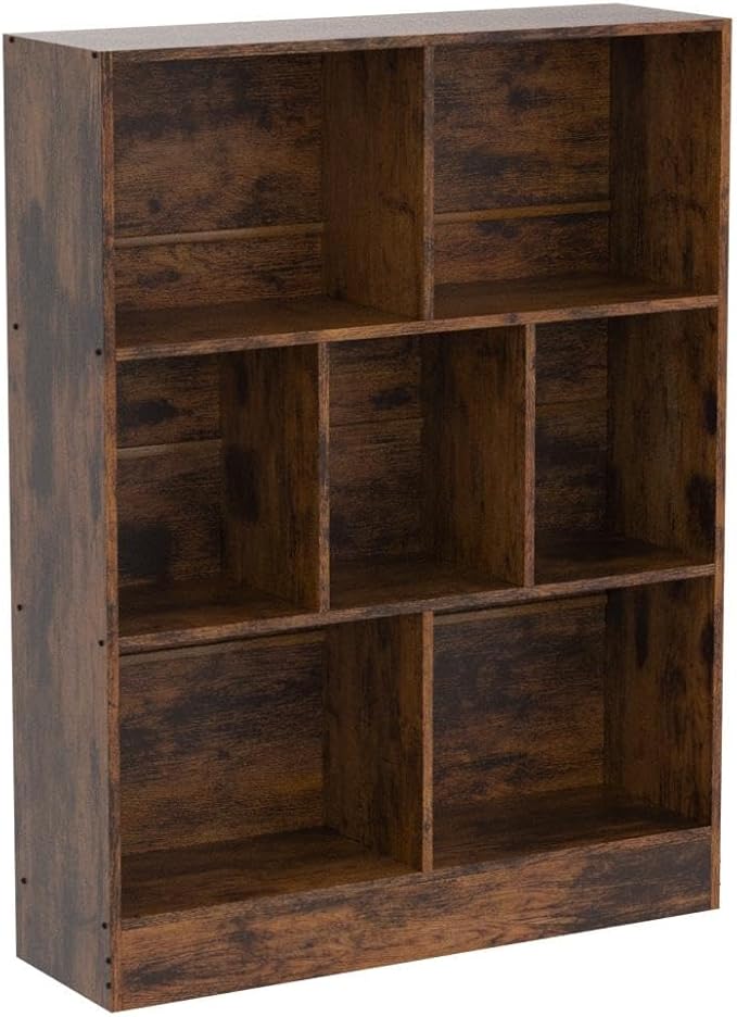 LEYAOYAO 7 Cube Bookshelf with Base,3 Tier Mid-Century Modern Brown Bookcase,Standing Wide Bookshelves Storage Organizer Shelf,Rustic Wood Display Cabinet Book Shelves for Bedroom,Living Room,Office