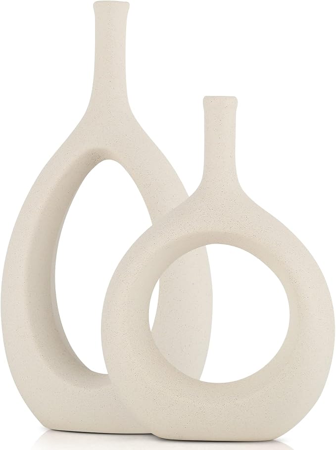 Off White Ceramic Hollow Elliptical Vase Set of 2 - Boho Circle Vase with Hole, for Modern Off White Table Decor, Living Room Decor Shelf mid Century Modern Home Entrance Decorative vase