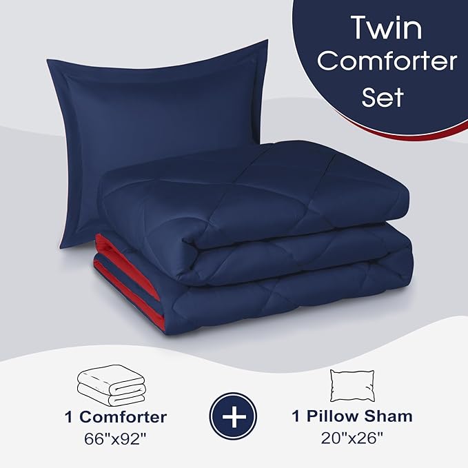 Beyond Twin Comforter Set - Navy/Red Reversible Comforter Set for All Seasons, 1 Comforter (66"x92") and 1 Pillow Sham (20"x26"+2")