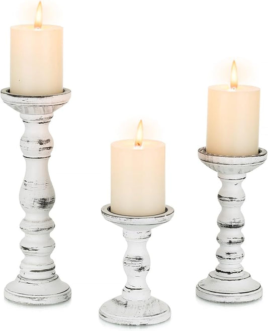 Wood Candle Holders for Pillar: Rustic Candles Holder Set of 3 Tall Table Centerpiece Decor Wooden White Farmhouse Decorations for Fireplace Mantle