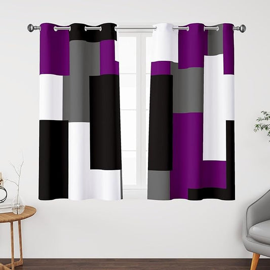 Purple 100% Blackout Curtains 45 inch Length 2 Panels Set White Grey Modern Abstract Geometric Drapes for Kitchen Black Out Curtains Insulated Room Darkening Small Window Curtains, 42Wx45L