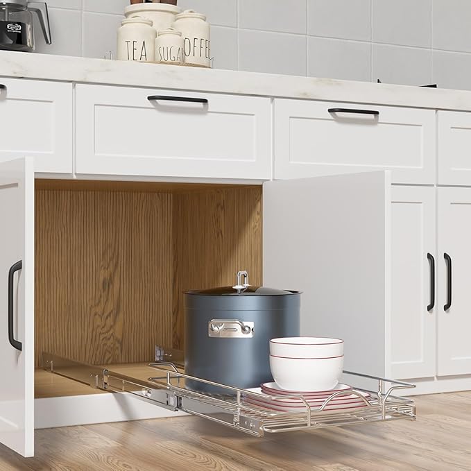 OCG Pull Out Cabinet Organizer 2 Pack (15" W x 21" D), Pull out Shelves 1 Tier, Cabinet Slide Out Shelves for Base Cabinet Organization in Kitchen Bathroom Pantry, Bottom Mount, Chrome Finish