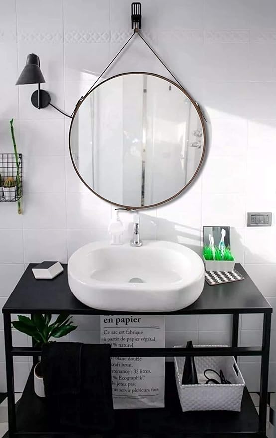 HofferRuffer Round Wall Mirror Decorative Mirror, Hanging Mirror with Hanging Strap Silver Hardware Hooker/Hanger (Brown, 23.6'')