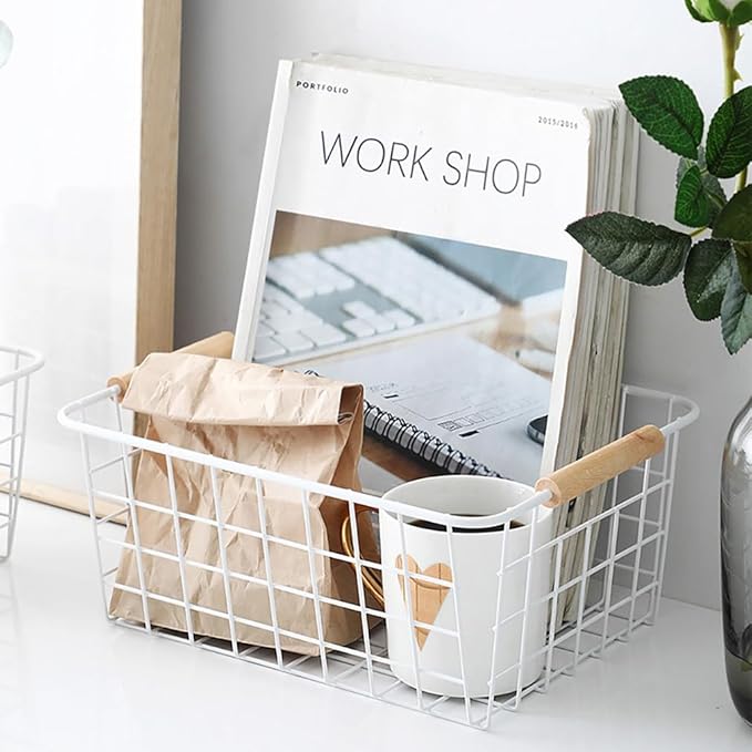 LeleCAT white wire baskets for organizing with Wooden Handles Storage Organizer Baskets, Household snack basket for Cabinets, Pantry, Closets, Bedrooms, pantry organizers and storage - Set of 2（White）
