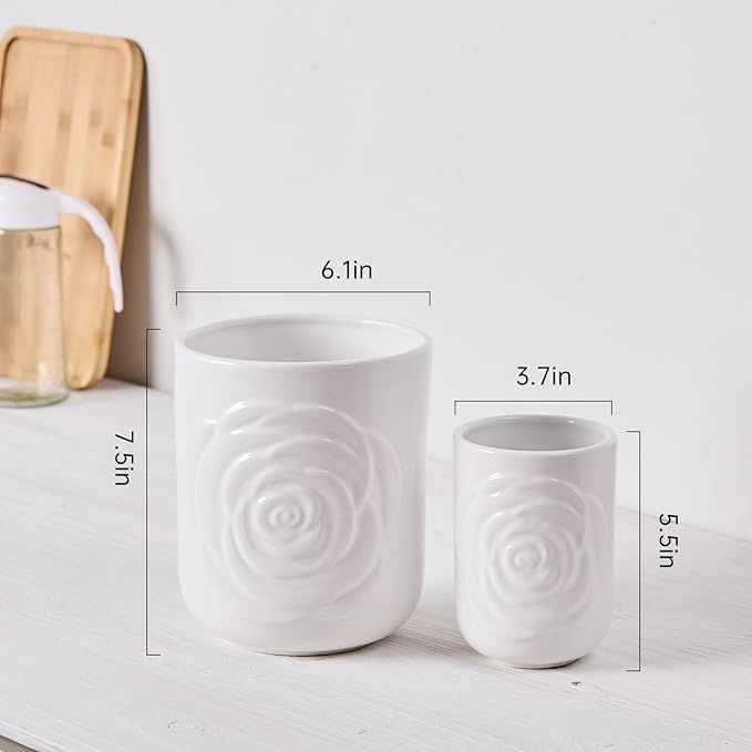 White Ceramic Utensil Holder Set of 2 - Rose Carved Design, Kitchen Countertop Utensil Organizer for Spatula, Spoon & Cooking Tools, Large (7.5") & Small (5.5"), Farmhouse Kitchen Counter Decor