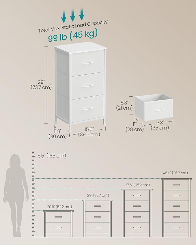 SONGMICS Dresser for Bedroom, Chest of Drawers, Steel, MDF, 3 Non-Woven Fabric Drawers, Storage Organizer Unit, Closet, Entryway, Cloud White and Snow White ULGS313W01S