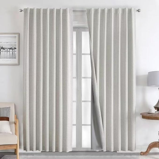 Joydeco Natural Linen Curtains 96 inch Length 2 Panels Set Burg 100% Blackout Patio Door Curtain Room Darkening Sliding Door Curtains Thermal Insulated Back tab Rod Pocket(105x96 inch, White)