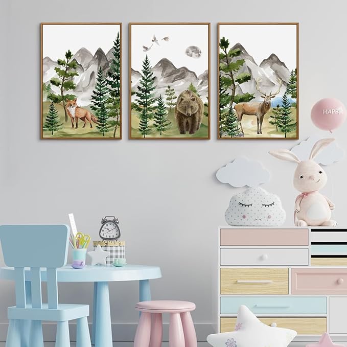 CHDITB Watercolor Forest Animal Nursery Wall Art, Framed Canvas Mountain Wall Decor, Nature Woodland Landscape Wall Painting, Fox Bear Deer Art Prints for Baby Bedroom, Living Room - 16"x24"x3