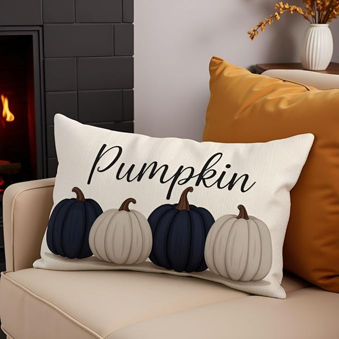 PANDICORN Fall Throw Pillow Covers 12x20 Inch, Navy Blue Pumpkin Lumbar Decorative Cushion Case, Fall Decorations for Home Decor Outdoor Farmhouse Autumn Pillowcase for Living Room Sofa Couch Porch