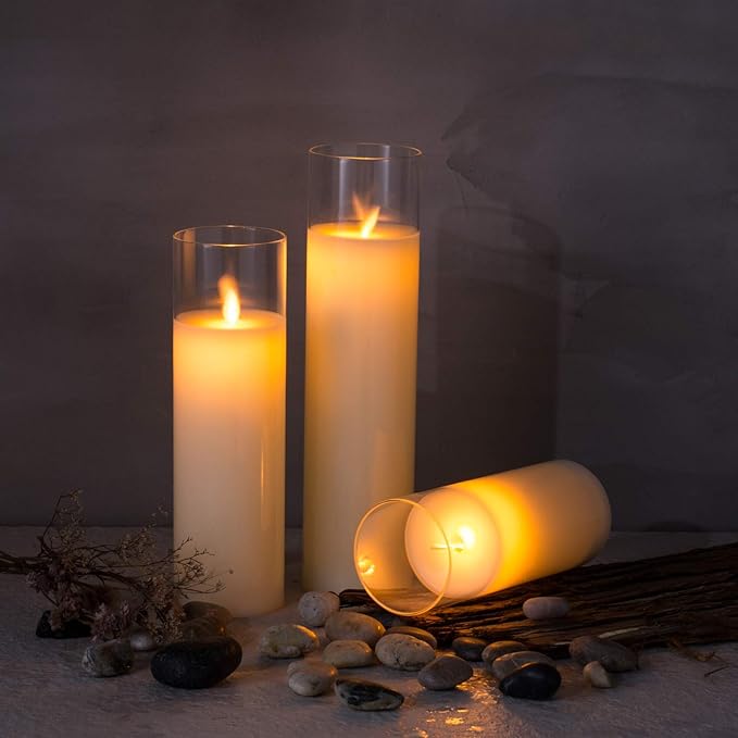 Pack of 3 Flameless Candles Battery Operated Real Wax Glass Flickering LED Candle Sets with Remote Control Cycling 24 Hours Timer (3" x 8" 10" 12")