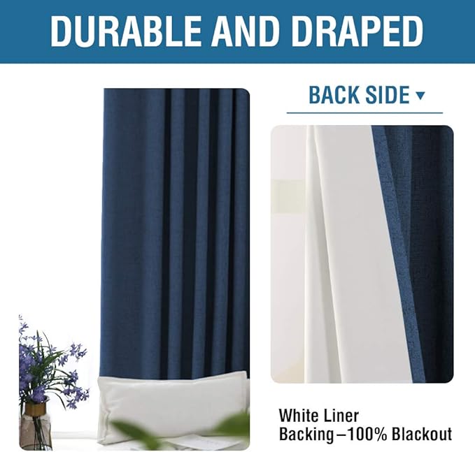H.VERSAILTEX 100% Blackout Curtains for Bedroom 84 Inches Long Grommet Linen Face Full Light Blocking Curtain Drapes for Living Room Thermal Linen Look Curtains 2 Panels Set, 52" W x 84" L, Navy