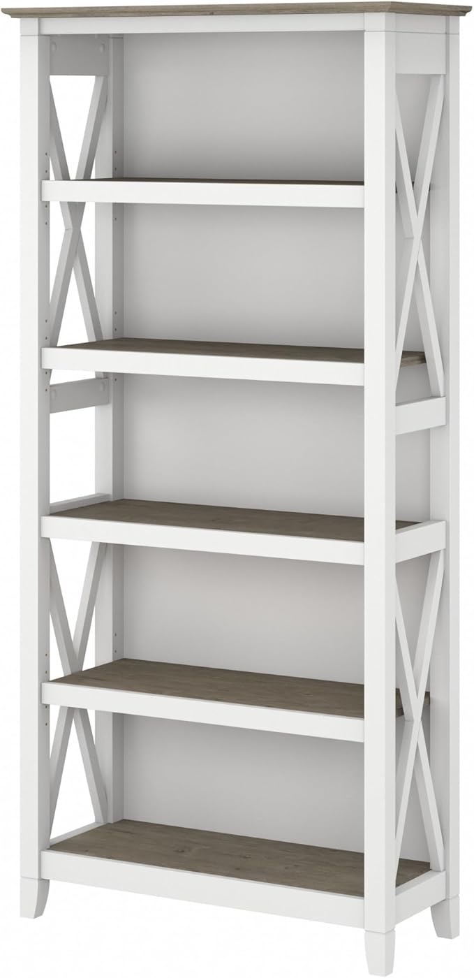 Bush Furniture Tall 5 Shelf Bookcase for Living Room or Home Office, Large Bookshelf, Modern Farmhouse Style, Key West Collection, Pure White and Shiplap Gray