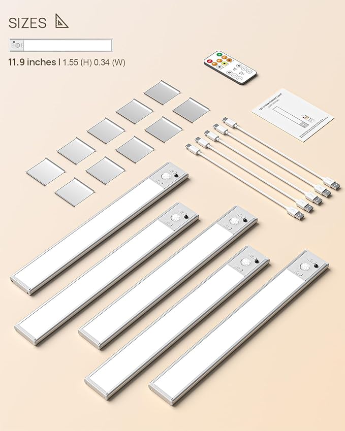 Under Cabinet Lights Wireless,11.9" Motion Sensor Light Indoor with Remote Control,2500mAh LED Rechargeable Battery Operated Closet Light,3 Color Temps,Under Counter Lights for Kitchen,Stairs,5 Pack