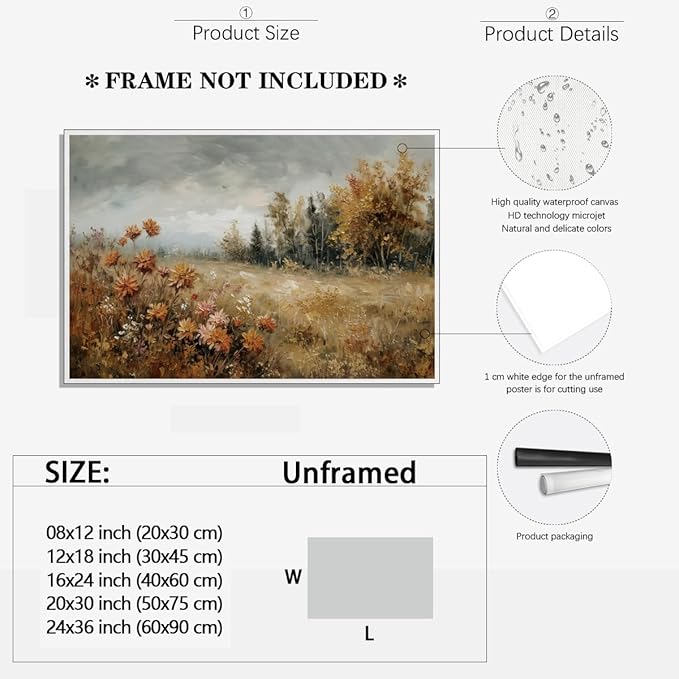 Fall Canvas Wall Art Wildflower Posters Autumn Landscape Pictures Print Art Vintage Rustic Farmhouse Wall Decor 16x24inch Unframed