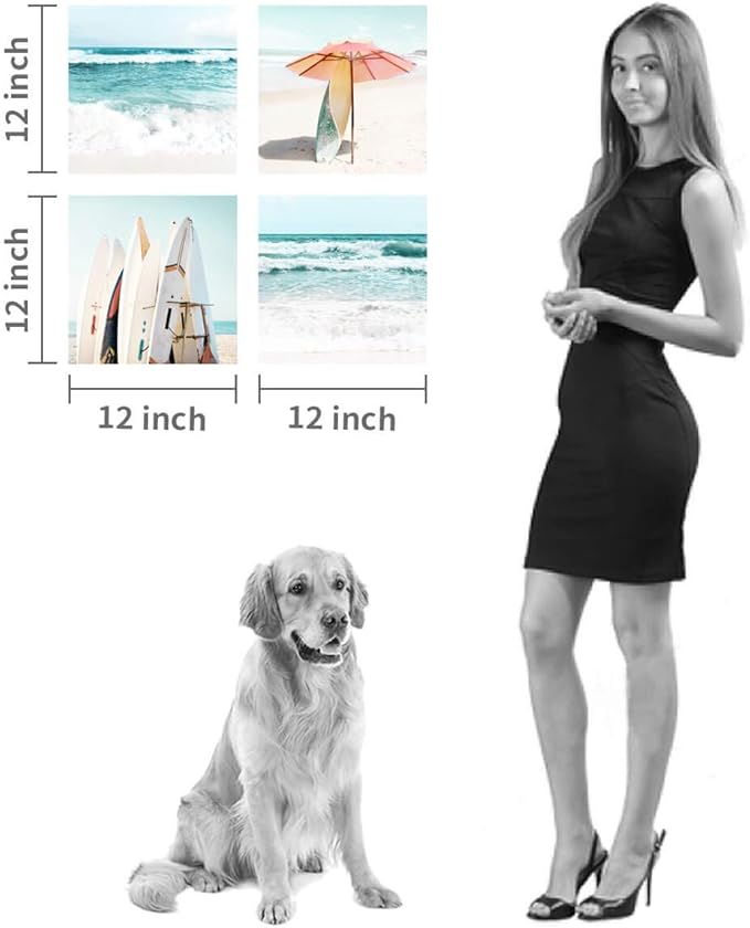 Beach Canvas Wall Art Painting: Summer Surfboard and Umbrella on Beach Picture Print for Bathroom (12'' x 12'' x 4 Panels)