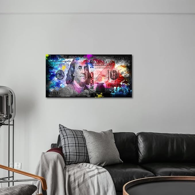 Inspirational Canvas Wall Art 100 Dollars Bill ArtWork Canvas Print Office Decor Money Pop Art Entrepreneur Motivational 100 Bill Cash Posters Pictures for Home Decor Framed ready to Hang - 32"Wx16"H