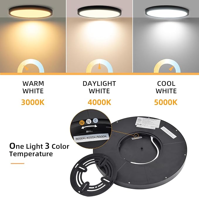 Hlite 2pack 12 inch Flush Mount LED Ceiling Light Fixture,24W 2400LM Super Slim Light Fixtures Ceiling Mount 3000K/4000K/5000K 3CCT Selectable,Ceiling Light Fixtures for Kitchen,Bedroom (Black)