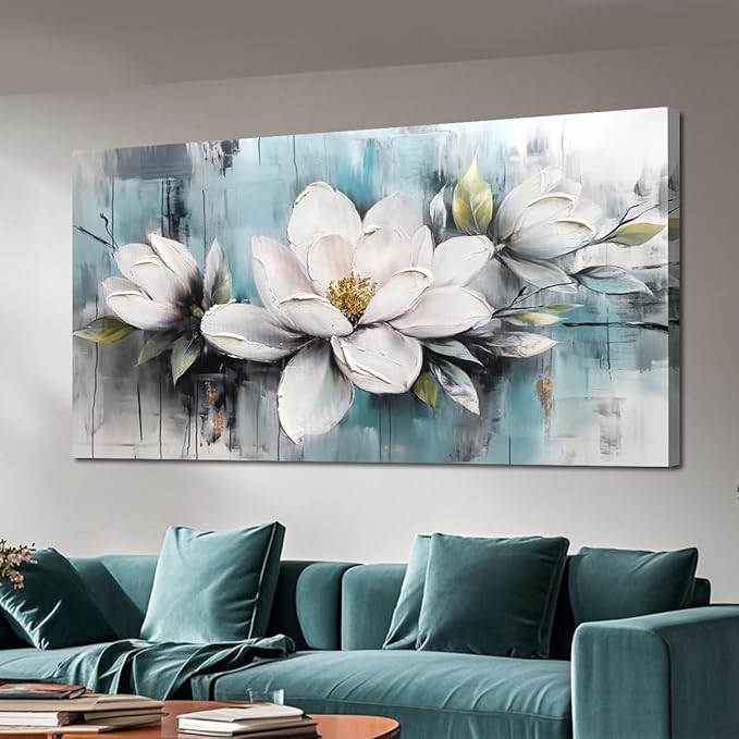 Ardemy Flower Wall Art for Living Room White Floral Canvas Bedroom Painting Magnolia Wildflower Picture Teal Grey Artwork Framed Bathroom Home Office Dining Room Wall Decor, Large 40"x20"