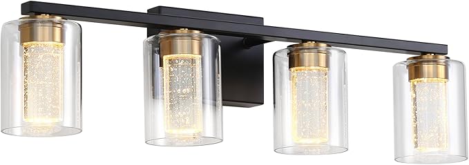 4-Light Black Bathroom Light Fixture, Dimmable 5CCT Black and Gold Bathroom Vanity Lights, 2700K-6500K Modern Crystal Bubble LED Wall Sconce Over Mirror with Clear Glass