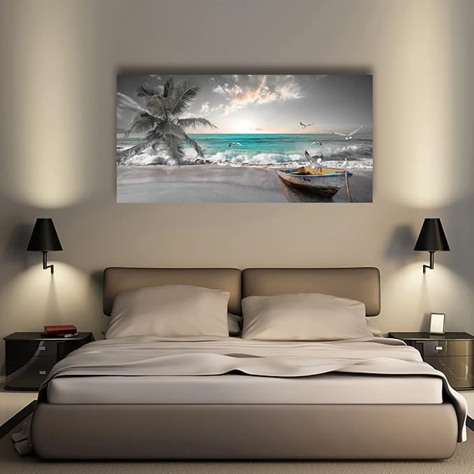 Beach Sea Wave Pictures Canvas Wall Art For Living Room Bedroom Wall Decor,Sea Wave Wall Art Print Paitnings For Home Decor,Morden Artwork Palm Boat Canvas Art Waterproof Ready To Hang-20X40Inches