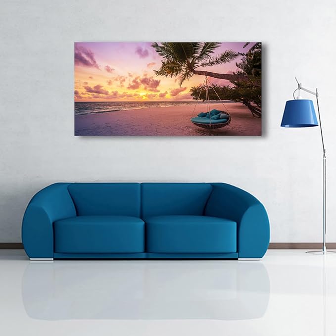 Purple Beach Palm Pictures Canvas Wall Art For Living Room Bedroom Wall Decor,Sunset Wall Art Print Paitnings For Home Decor,Morden Artwork Coconut Tree Canvas Art Ready To Hang-28x57 Inches