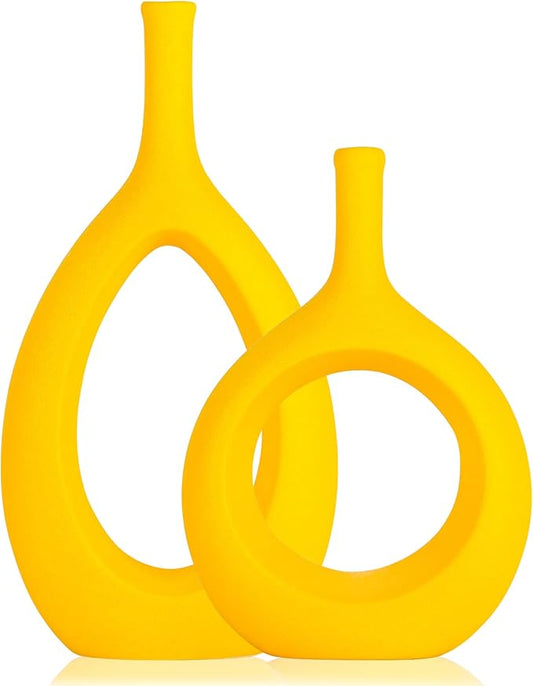 Yellow Ceramic Hollow Elliptical Vase Set of 2 - Boho Circle Vase with Hole, for Modern Yellow Table Decor, Living Room Decor Shelf mid Century Modern Home Entrance Decorative vase