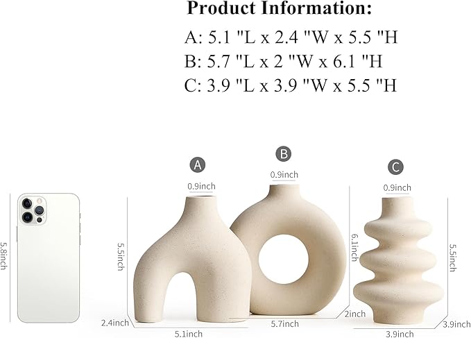 White Ceramic Vase Set of 3, Modern Boho Vases for Home Decor, Small Flower Vases for Pampas Grass, Round White Vases Centerpieces for Wedding Coffee Table Shelf Living Room Bedroom Entryway
