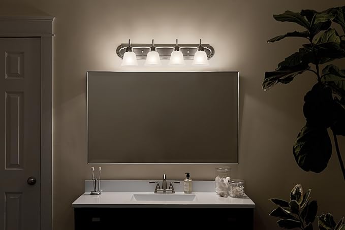Kichler 30" 4-Light Vanity Bath Light in Brushed Nickel, Modern Bathroom Light with Clear Satin Etched Glass, (30" W x 8" H), 5338NIS
