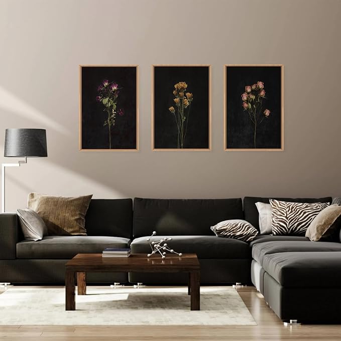 KAIRNE Dark Moody flower Framed Canvas Wall Art Set, Minimalist Black Wildflower Wall Decor, Vintage Botanical Floral Wall Painting, Nature Plant Art Prints for Living Room, Bedroom, Office 16"x24"x3