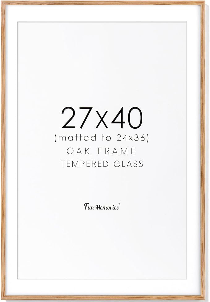 27x40 Picture Frame, Solid Oak Wood 27x40 Poster Frame for Wall, 27 x 40 Frame with Tempered Real Glass, 27x40 Frame with Mat for 24x36, Rustic Wooden 27x40 Art Frame, Natural Oak Color