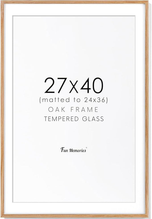 27x40 Picture Frame, Solid Oak Wood 27x40 Poster Frame for Wall, 27 x 40 Frame with Tempered Real Glass, 27x40 Frame with Mat for 24x36, Rustic Wooden 27x40 Art Frame, Natural Oak Color