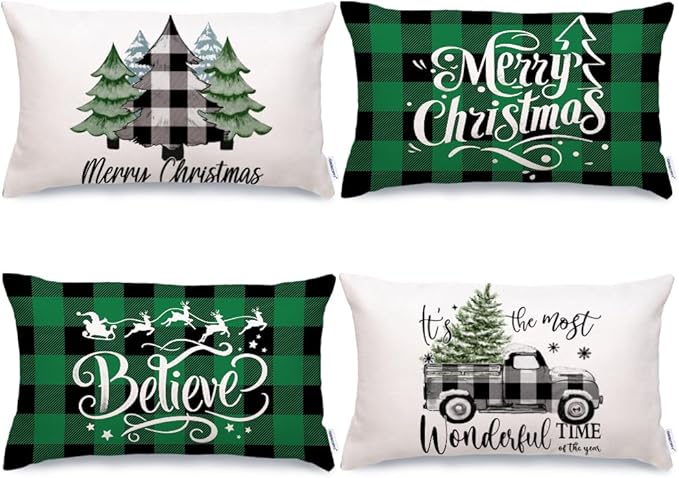 GEEORY Merry Christmas Throw Pillow Covers 12x20 Inch Set of 4, Xmas Trees Truck Green Buffalo Plaid Believe Farmhouse Decorative Cushion Cases for Home Decoration G595-12
