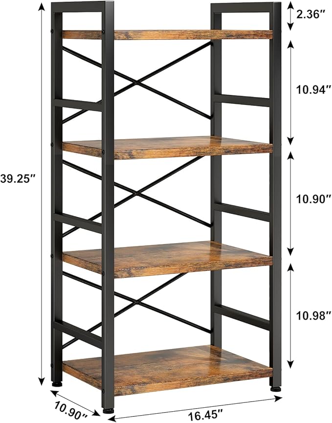 Homeiju Bookshelf, 4 Tier Small Bookcase, Organizers and Storage, Metal Small Bookcase, Rustic Book Shelf Organization and Storage for Living Room, Bedroom, and Home Office(Rustic Brown)