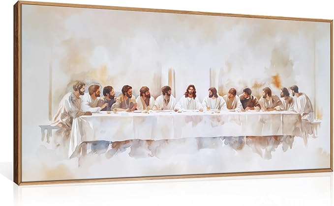 KAIRNE Jesus Last Supper Framed Canvas Wall Art Set, Christian Twelve Apostle Wall Decor, Bible Renaissance Wall Painting, Religious Picture Art Print for Living Room, Bedroom, Church, Large 20"x40"
