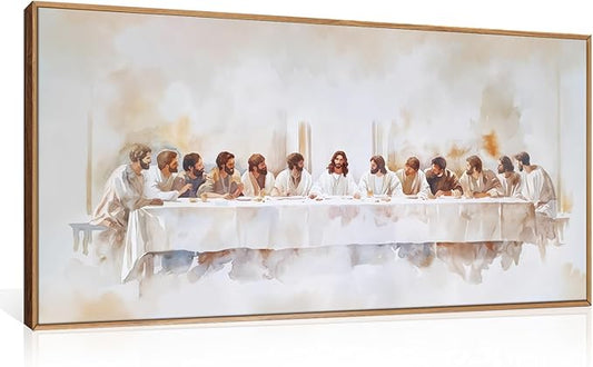 KAIRNE Jesus Last Supper Framed Canvas Wall Art Set, Christian Twelve Apostle Wall Decor, Bible Renaissance Wall Painting, Religious Picture Art Print for Living Room, Bedroom, Church, Large 20"x40"