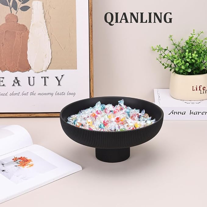 Modern Large Black Decorative Bowl - Ribbed Black Fluted Pedestal Bowl , Multi-Functional Fruit Bowl, Key Bowl, Candy Dish, Ideal for Entryway Table, Kitchen Counter, Living Room, Coffee Table Decor