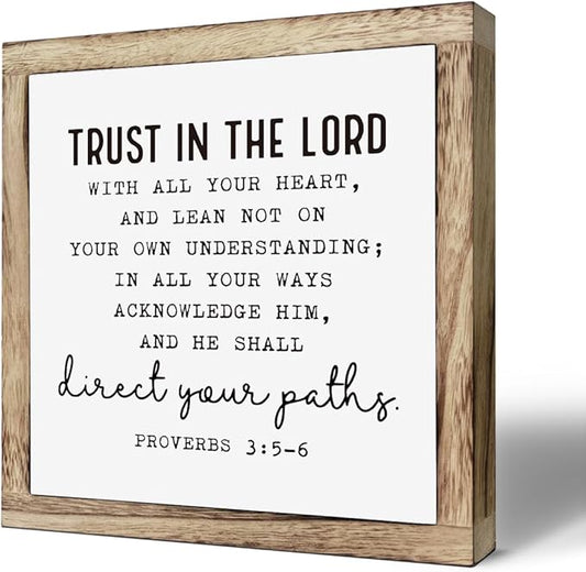 Christian Wooden Plaques Box Signs 9.8 * 9.8, Scripture Desk Decor, Farmhouse Living Room Decor, Proverbs 3:5-6 Trust In the Lord Sign