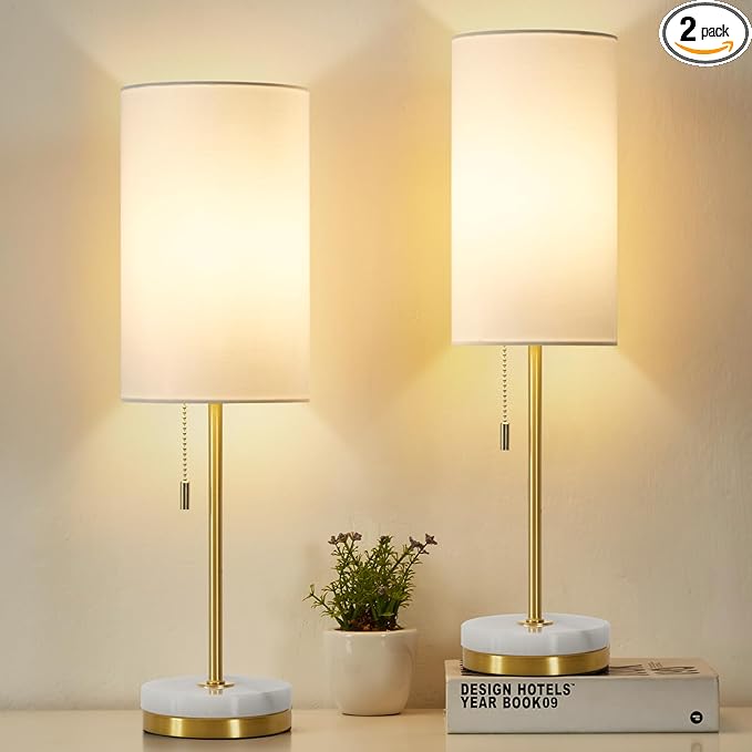Desk Lamp & Table Lamp Set of 2, Bedside Lamps for Night Stands - Modern Small Table Lamps with Marble Base, Fabric Shade, Mini Pull Chain Bedroom Lamps for Living Room, Office, Reading (Gold)