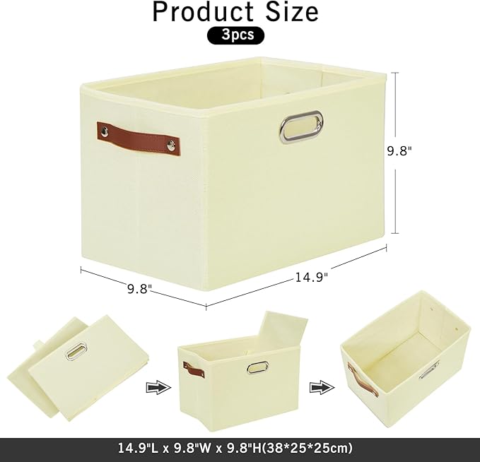 Large 3-Pack Foldable Fabric Storage Bins with Durable PU & Metal Handles , Collapsible Storage Baskets for Shelves, Home Storage, Closet Organizers, Living Room(14.9"x9.8"x9.8", Beige)