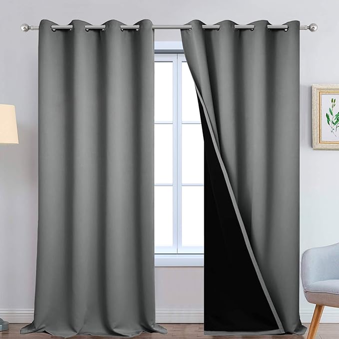 Yakamok Gray 100% Blackout Curtains Energy Saving Thermal Insulated 2 Thick Layers Completely Blackout Drapes with Black Liner for Bedroom (52Wx108L, Grey, 2 Panels)