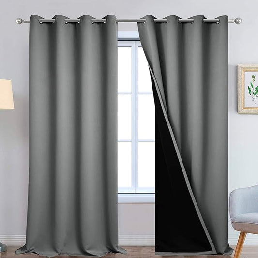 Yakamok Gray 100% Blackout Curtains Energy Saving Thermal Insulated 2 Thick Layers Completely Blackout Drapes with Black Liner for Bedroom (52Wx108L, Grey, 2 Panels)